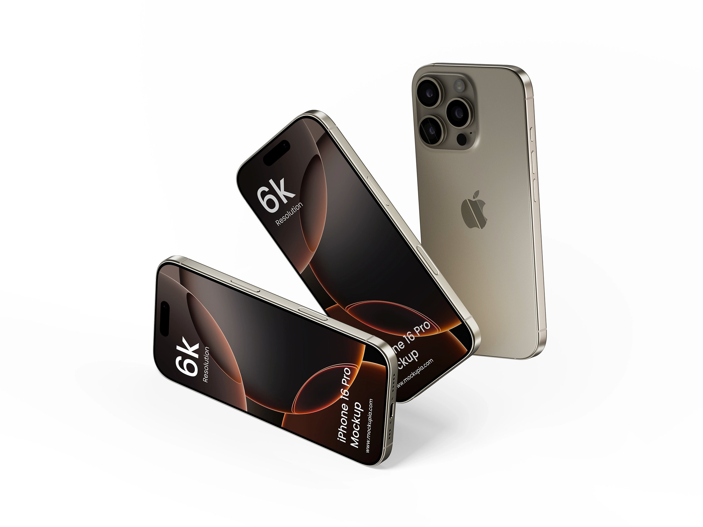 Two iPhone 16 Pro mockups in right view and one in back view in Natural Titanium finish